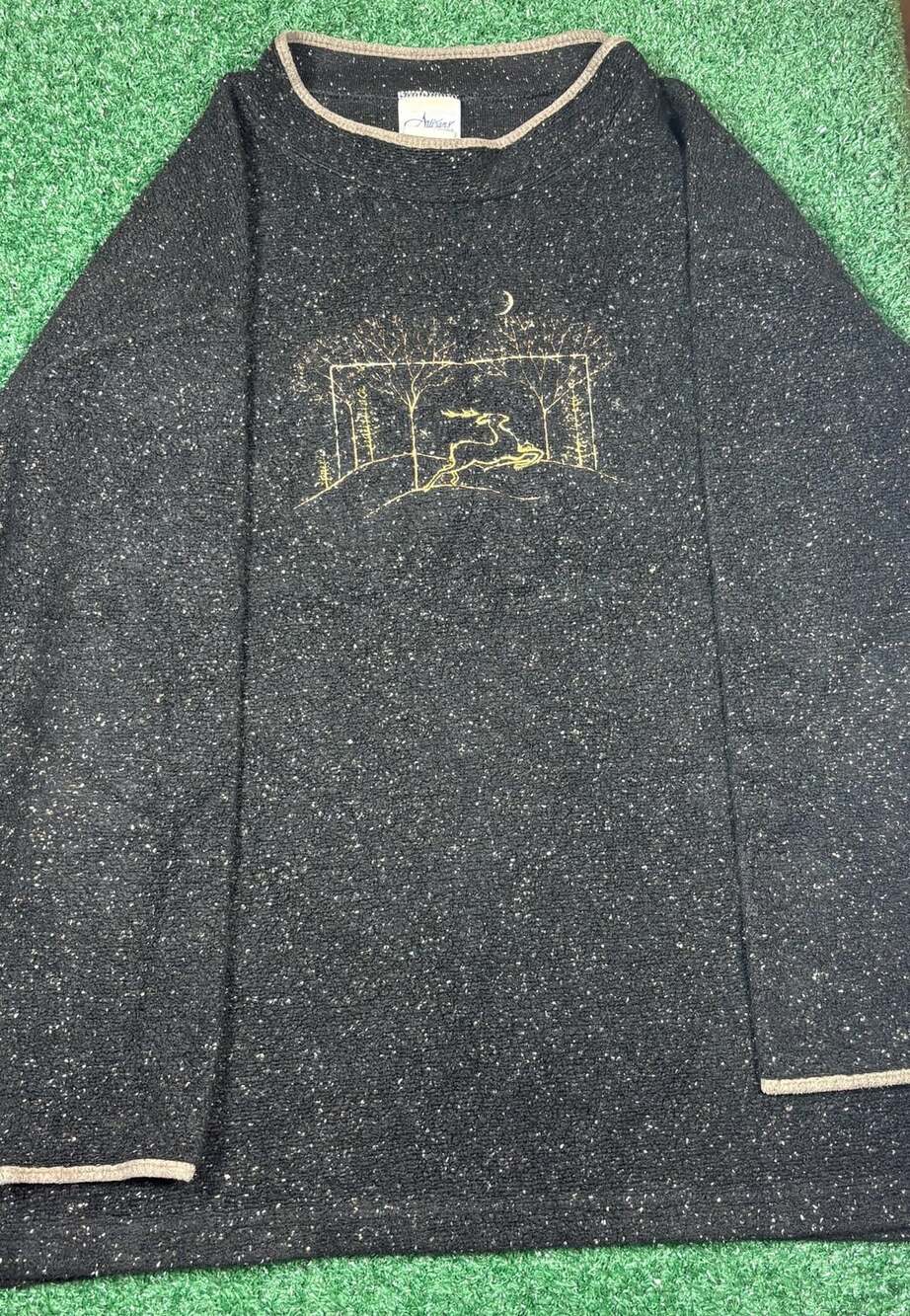 Artisans Sweater Deer Forest Embroidered Black Speckled